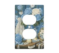 Rose Bathroom Duplex Outlet Covers Placca da parete, vintage romantico vaso di perle primavera blu plastica dimensioni standard per prese elettriche per camera da letto, ufficio, cucina, ingresso