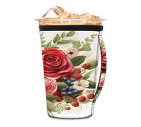 Rose Berry Bunch - Manicotto riutilizzabile per caffè freddo con manico, portabicchieri isolato in neoprene per bevande fredde, tazza da caffè accogliente, adatta a tazze, bicchieri, tazze da 510-907