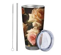 Rose con coperchio Tumbler Set di 1 pianta botanica foglie fiorite fiore bello estetico retrò giallo verde metallo inossidabile caldo e freddo senza fuoriuscite ufficio all'aperto dormitorio caffè