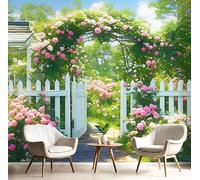 Rose Da Giardino Carta Da Parati Paesaggio Pastorale 3D Murale Carta Parati Decorazioni, Tessuto Di Seta, Facile Installare, Verde 250X175Cmadatto Per La Decorazione Soggiorno Bagno