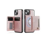 (Rose Gold, Multicolor) For iPhone 14 Plus Case AUTSPACE A13 Vintage Leather Back Cover with Magnetic Detachable Card Bag -
