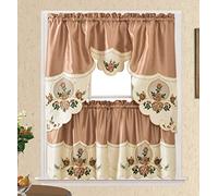 Rose Melody. Set di 3 tende da cucina per caffè e cucina, con motivo a balze e ripiani da 61 cm per piccole finestre. Bel colore abbinato con rose ricamate sul bordo e organza inserita. (bronzo)