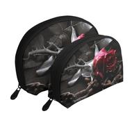 Rose nere gotiche stampate, Borsa per trucco a conchiglia Portamonete da donna Borsa da toilette piccola Borsa per cosmetici 2 pezzi