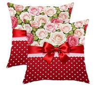 Rose Romantic Vintage Bow Polka Dots None Red Fodere Cuscini Morbido Copricuscini Resistenti Federe Cuscini per Salotto Giardino Terrazza 45X45Cm 2 Pezzi