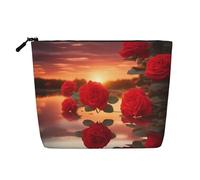 rose rosse al tramonto Pochette per il trucco monostrato effetto lino con cerniera per soddisfare le tue esigenze quotidiane o di viaggio
