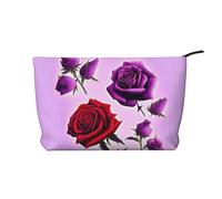 Rose rosse e porpora hanno stampato la borsa cosmetica del velluto a coste, borsa impermeabile di stoccaggio degli articoli da toeletta, Nero , Taglia unica