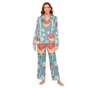 Rose rosse romantiche per San Valentino Donne Pigiama In Raso Set Morbido Comodo Pigiama di Seta Per Le Donne Damigella D'Onore M conjuntos de 2 piezas para mujer manica lunga loungewear 2 pezzi