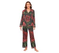 Rose rosse romantiche per San Valentino Pigiama da donna in raso Comfort gamba larga polsino con piume morbido set pigiama lungo pigiama M pigiama de mujer manica lunga loungewear 2 pezzi lounge pjs