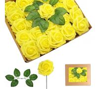 Rose Schiuma Giallo,Teste di Fiori Artificiali 25 Pezzi,Schiuma Teste di Rose Con Foglie,Rose Finte Schiuma,Rose Artificiali in Gommapiuma per Matrimonio Bouquet Sposa Torte DIY Cimitero Decorazioni