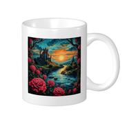 Rose Set Di 1 Tazza Stampa Paesaggio Castello Tramonto Fiume Albero Nuvola Stella Cielo blu rosso arancione Ceramica Tè In Ceramica Riutilizzabile Scrivania Famiglia Dispensa Biblioteca Tazza da Caffè