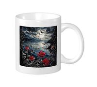 Rose Set Di 1 Tazza Stampa Spettrale Fiume Botanico Luna Nuvola Floreale Foglie Notte Cielo Uccello Blu Rosso Ceramica Tè In Macerazione Riutilizzabile Scrivania Famiglia Dispensa Biblioteca Tazza da