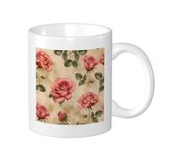 Rose - Set di 1 tazza stampata retrò cottage fattoria estetica botanica foglie regolari floreale rosa verde giallo ceramica riutilizzabile biblioteca soggiorno cucina bevande calde fondo piatto 325 ml