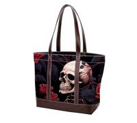 Rose Skull-1970 Borsa a tracolla da donna in pelle resistente lavata alla moda con manici superiori e tasche con cerniera, Multicolore 01, 33.8x12x31cm/13.3x4.7x12.2 in