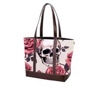 Rose Skull-2036 Borsa a tracolla da donna in pelle resistente lavata alla moda con manici superiori e tasche con cerniera, Multicolore 01, 33.8x12x31cm/13.3x4.7x12.2 in