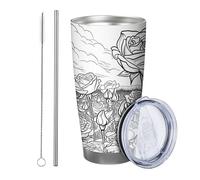 Rose tumbler Set Di 1 Botanico Dipinto a Mano Foglie Fioritura Fiore 3D Bellezza Estetica Nero Bianco Inossidabile Can Cooler Infrangibile Viaggio Piscina Auto Esterna Con Coperchio tazza da 590 ml