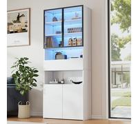 Rosebibi 70 x 30 x 200 cm, vetrina con cassetti e armadi, vetrina in vetro con porte in vetro e LED, armadietto alto con piattaforma di archiviazione aperta, libreria, vetrina a pavimento, bianco