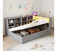 Rosebibi Divano letto 90x200 con presa multipla e scomparti multipli con barra luminosa, letto idraulico, letto in legno massello, letto singolo, letto in legno multifunzionale (grigio)