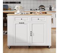 Rosebibi Isola da cucina con ruote, tavolo da pranzo allungabile, con scomparto per pattumiera e portasciugamani, carrello da portata mobile, ideale per cucina e sala da pranzo, bianco e naturale