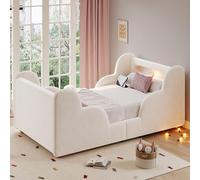 Rosebibi Lettino per bambini, 90 x 200 cm, letto imbottito, in velluto, beige, ringhiera protettiva, scomparti portaoggetti, gambe in legno massello