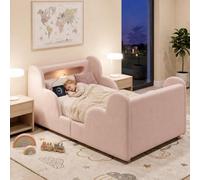 Rosebibi Lettino per bambini, 90 x 200 cm, letto imbottito, in velluto, rosa, ringhiera protettiva, scomparti portaoggetti, gambe in legno massello