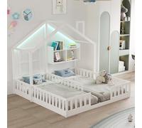 Rosebibi Lettino per bambini in legno, 90 × 200 cm, letto matrimoniale indipendente, design della casa con finestre e camino, con illuminazione a LED, ringhiere di sicurezza e ripiani, completo di