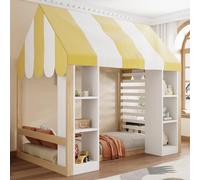Rosebibi Lettino per bambini in stile rustico, 90 x 200 cm, con baldacchino, spazio frontale aperto, telaio in legno, colore legno + bianco, bianco + naturale