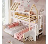 Rosebibi Letto a castello, 90 x 200 cm + 140 x 200 cm, con striscia luminosa a LED, design della casa, scomparti aperti, scaletta per riporre oggetti, letti in diverse misure, senza materasso (bianco