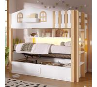 Rosebibi Letto a castello, 90 x 200 cm, design a casa, stoccaggio idraulico, vano portaoggetti aperto, posizione scala opzionale, senza materasso, bianco + naturale, bianco + rovere