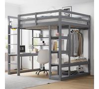 Rosebibi Letto a soppalco 140 x 200 cm, con scala in legno massiccio, con tavolo e scaffali, con semplici ganci e ripiani, laminato, lettini per bambini, letti matrimoniali (grigio)