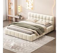Rosebibi Letto imbottito, 140 x 190 cm, letto per ragazzi, letto matrimoniale con schienale morbido, letto piatto con bordo imbottito, rete a doghe in lino, beige (materasso non incluso)