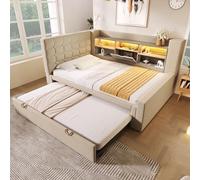 Rosebibi Letto imbottito 90 x 200 e 90 x 190 cm, illuminazione a LED, testiera a forma di L con spazio di archiviazione, montaggio su entrambi i lati, rete a doghe, lino (senza materasso) (beige, con