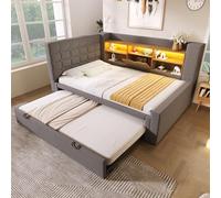 Rosebibi Letto imbottito 90 x 200 e 90 x 190 cm, illuminazione a LED, testiera a forma di L con spazio di archiviazione, montaggio su entrambi i lati, rete a doghe (senza materasso) (grigio, con letto