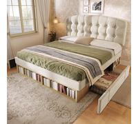 Rosebibi Letto matrimoniale imbottito in velluto beige 140 x 200, rete a doghe, testiera curva regolabile in altezza, cassetti e spazio di archiviazione, senza materasso