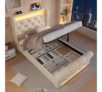Rosebibi Moderno 90 x 200 cm, letto singolo, imbottito con luci a LED, testiera con porte USB e di tipo C, letto di stoccaggio idraulico, velluto, senza materasso (beige)