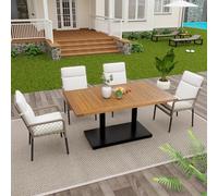 Rosebibi Set di 5 sedie e tavolo da pranzo da esterno per 4 persone, piano in legno di acacia massiccio, adatto per pasti nel cortile e sul davanzale da giardino (bianco e legno)