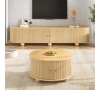 Rosebibi Set tavolino da caffè e mobile per TV, tavolo rotondo con armadio curvo, struttura verticale in rilievo, ante scorrevoli, MDF, maniglie in metallo e piedini a sfera, spazio, naturale