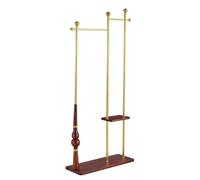 ROSEEONNE Attaccapanni Appendiabiti Industriale in Legno massello e Acciaio Inossidabile, Doppio ripiano, Base Larga, Appendiabiti retrò con venature del Legno Stand per Abiti(Wood+Golden)