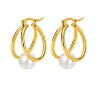 RoseJeopal Orecchini a cerchio con doppia perla dorata, da donna, con perle d'acqua dolce, placcati in oro, ipoallergenici, per donne e ragazze, Argento sterling