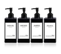 Roselee Set di 4 distributori di sapone nero, 300 ml, dispenser di sapone per doccia, in plastica, con imbuto ed etichette impermeabili, dispenser per detersivo, bottiglie di shampoo da riempire per