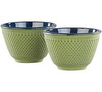 Rosenstein & Söhne Set da tè per una persona - Tazza: Set di 2 tazze da tè asiatiche Tazze da tè in ghisa, verde oliva con motivo Arare, Rivestimento interno in smalto (giapponese ghisa)