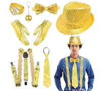 RoserRose Accessori da uomo, anni '80, con glitter anni '70, costume da discoteca con cappello con paillettes, bretelle, papillon, cravatta, paillettes per feste di carnevale