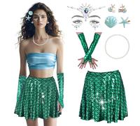 RoserRose Costume Sirena Donna 8 Set, Gonna A Sirena Lucid Guanti Siren 2 Forcine+Orecchini Stella Marin Gemme Viso+Collana Di Perle, Per Carnevale, Cosplay, Travestimento, Festa A Tema (Green L)