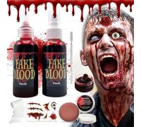 RoserRose Sangue Finto Set 7 Pezzi, Sangue Finto Lavabile per Trucco Horror Effetti Speciali, Trucchi Halloween per Pelle con Raschietto, Bende e Adesivi Horror per Trucchi da Zombie e Vampiro