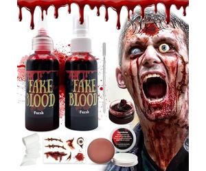 RoserRose Sangue Finto Set 7 Pezzi, Sangue Finto Lavabile per Trucco Horror Effetti Speciali, Trucchi Halloween per Pelle con Raschietto, Bende e Adesivi Horror per Trucchi da Zombie e Vampiro