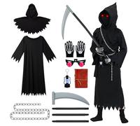 RoserRose Sensenmann Costume per bambini, con catena, guanti, taccuino, luce di teschio e occhiali luminosi, costume di Halloween per bambini e ragazzi, set per cosplay, XL
