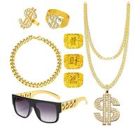 RoserRose Set di 8 accessori per costume da Zuhälter, accessori da uomo anni '80 e '90, catena da rapper Hip Hop in oro, collana da gangster in oro, occhiali da sole, catena con dollaro, anello per