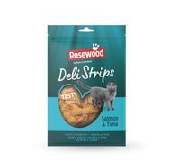 Rosewood Deli Strips Salmone e Tonno - Spuntino per gatti morbido e delicato con salmone e tonno, dolcetti magri per gatti, senza aggiunta di sale o zucchero, senza additivi artificiali, 40 g