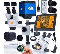 Rosfix Set Mercury Pro - Microscopio stereo trinoculare con display da 8" e fotocamera HDMI, zoom 7-45x, Simul-Focal, C-Mount | per laboratorio, elettronica, gioielli, sistema microscopia