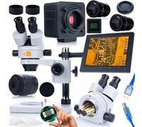 Rosfix Set Mercury Pro - Microscopio stereo trinoculare con fotocamera da 5 MP e display da 8" | Zoom 7-45x, C-Mount, Simul-Focal | Per laboratorio, industria, elettronica | Sistema microscopia