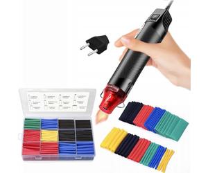 Rosfix Set mini ventola ad aria calda 300 W + tubo termoretraibile 850 pezzi - per elettronica, protezione cavi e riparazione | 170 °C max. | ugello Ø 11 mm | 220-240 V | scatola di plastica